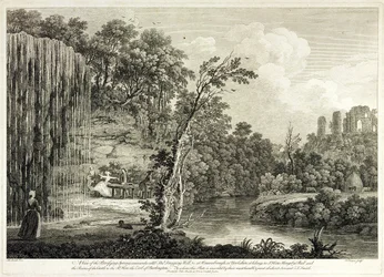 Ansicht der Versteinerungsquelle, allgemein als Tropfbrunnen in Knaresborough in Yorkshire bekannt, graviert von Francois Vivares (1709-80)